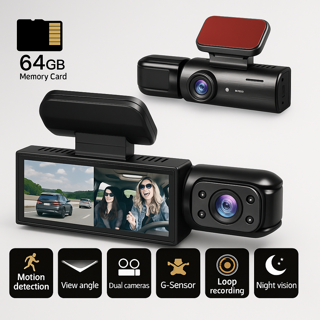 Dashcam Double Full HD Car - Night Vision + Interior Camera 
